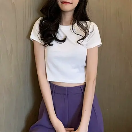 夏季新款小众设计感薄款别致潮上衣甜酷白色短袖短款宽松T恤女装图片