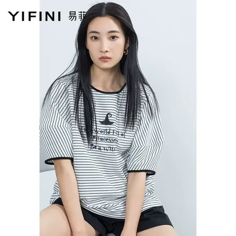 Yifini/易菲宽松时尚条纹印花T恤女夏季新款落肩简约圆领上衣商品大图
