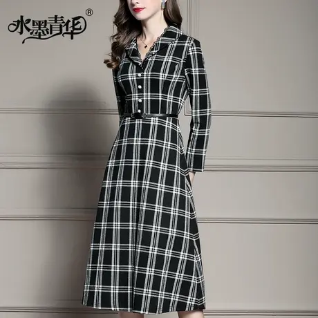 【1件7.9折】冬装新品简约修身衬衫裙时尚格子针织磨毛提花连衣裙商品大图