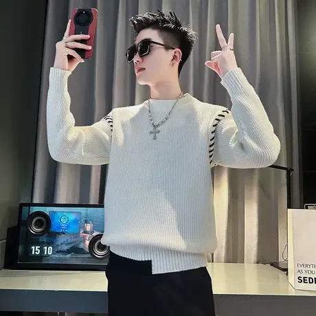 设计感拼色套头毛衣男秋冬新款ins宽松慵懒风个性拼接针织衫线衣商品大图