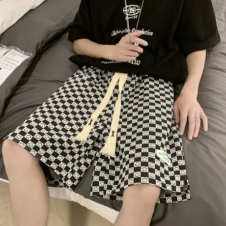 夏季笑脸格子冰丝男士短裤港风薄款外穿休闲运动裤潮流宽松五分裤商品大图