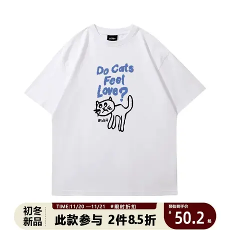 重磅纯棉短袖t恤青少年国潮白色涂鸦猫咪ins夏季大码半袖TEE上衣商品大图