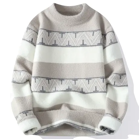 水貂绒半高领毛衣男士秋冬季加厚款针织打底衫潮牌条纹内搭线衣服商品大图