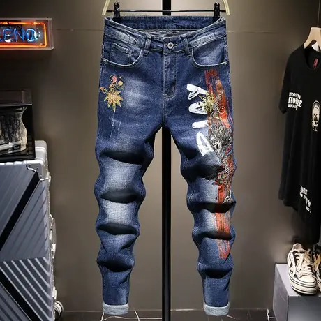 夏季薄款潮牌刺绣花牛仔裤男修身小脚男士百搭休闲长裤子男中国风商品大图