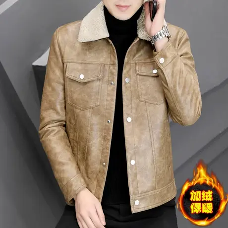 冬季时尚休闲皮衣加绒加厚青年毛领潮流PU皮夹克男士防寒保暖外套图片