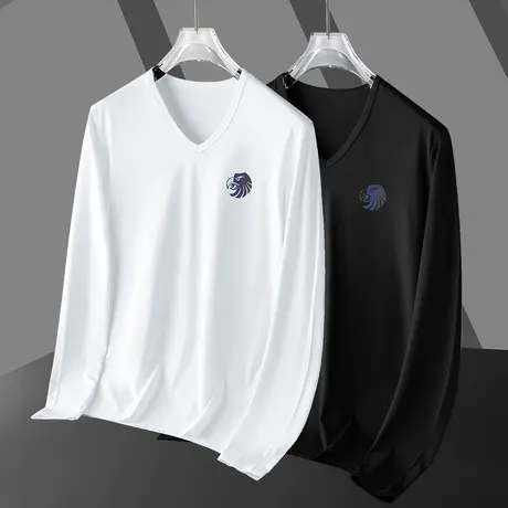 莫代尔长袖t恤男装V领秋季薄款内搭打底衫上衣服印花潮流修身秋衣商品大图