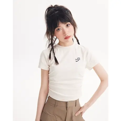 尔给半高领短袖t恤女2023新款小众抽褶小个子紧身短款上衣女夏季商品大图