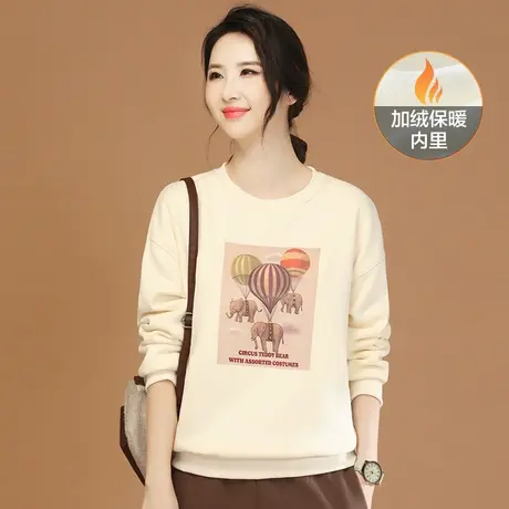 韩潮袭人圆领印花加绒卫衣女冬季新款宽松套头oversize外套厚图片