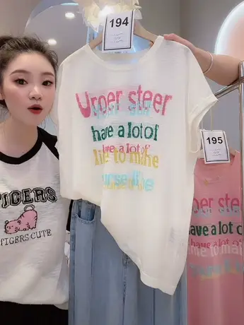 彩色字母时尚短袖T恤女2023新款夏季薄款宽松百搭减龄洋气上衣潮图片