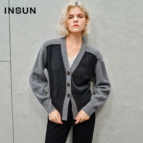 INSUN恩裳线上专选秋季撞色拼接羊绒羊毛收腰针织衫商品大图