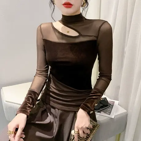 秋冬半高领T恤女长袖性感镂空丝绒拼接打底衫时尚网纱透气小衫商品大图