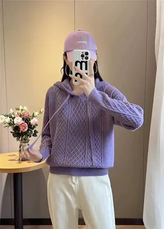 连帽麻花针织衫宽松慵懒风外穿2023年秋冬新款复古韩系毛衣女秋装商品大图