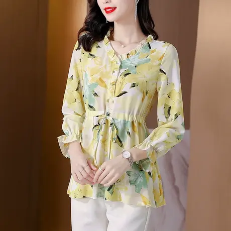 早秋2023新款洋气胖MM宽松长袖雪纺衫女V领收腰遮肚中长款女上衣商品大图