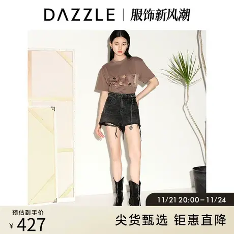 DAZZLE地素奥莱 春夏黑色复古小众毛边设计感A字牛仔短裤女商品大图