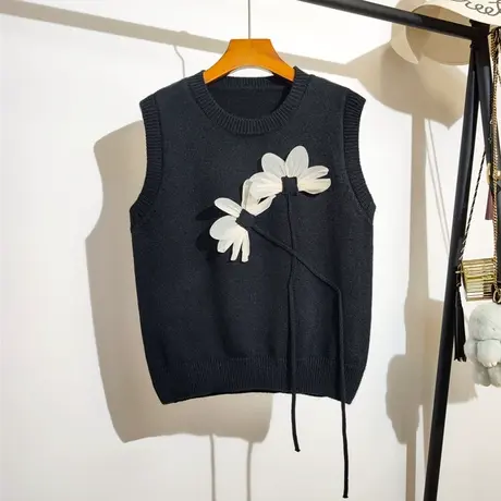 立体花朵针织马甲女秋冬新款圆领叠穿无袖毛衣背心上衣外穿学院风图片