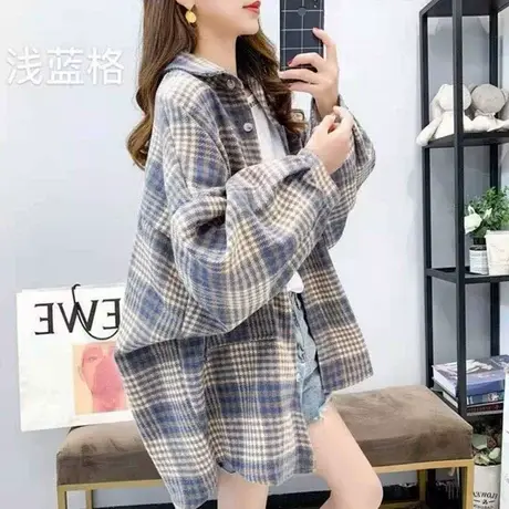 磨毛格子衬衫女春季新款复古港味百搭叠穿春秋衬衣长袖宽松上衣潮商品大图