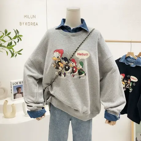 2022春季新款韩国东大门小众慵懒休闲卡通牛仔领拼接卫衣毛圈棉女商品大图