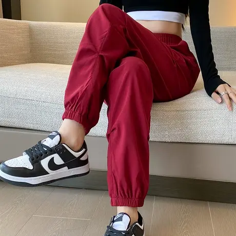 红色美式辣妹工装裤女春秋季高腰显瘦束脚九分抽绳运动休闲长裤子商品大图