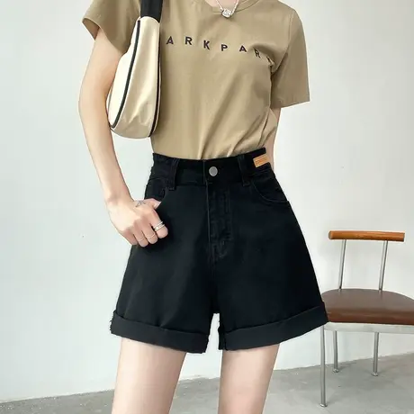 黑色阔腿牛仔短裤女夏季薄款小个子高腰显瘦直筒宽松百搭卷边热裤商品大图