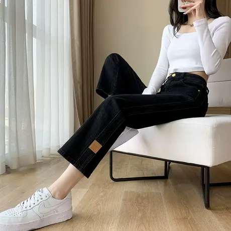 黑色直筒牛仔裤女秋冬2025年新款高腰宽松显瘦加绒加厚九分烟管裤商品大图