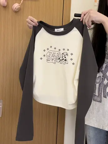 红续斑点狗字母插肩短款长袖T恤女日系甜妹风打底衫上衣秋冬新款商品大图