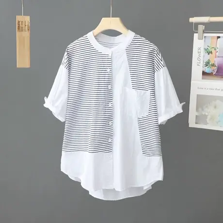 设计感小众条纹衬衫女白色短袖宽松2024夏季新款圆领衬衣纯棉上衣图片