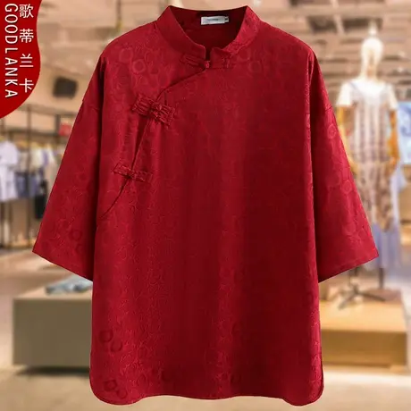 大码中老年妈妈夏季仿真丝上衣2023新款复古盘扣奶奶装五分袖T恤图片