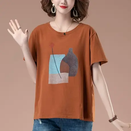 全棉短袖t恤女夏季加肥加大码女装宽松纯棉印花遮肚显瘦半袖体恤商品大图