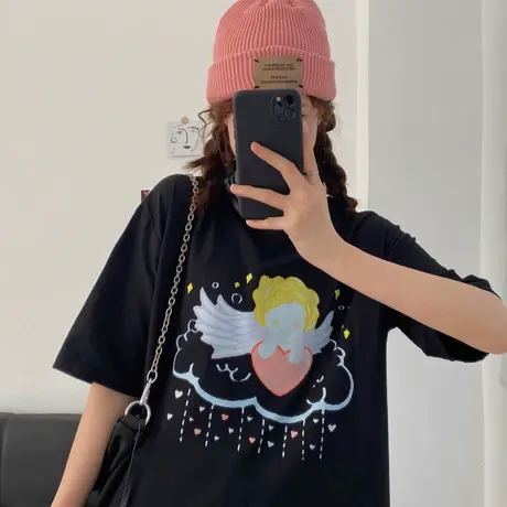 短袖t恤女chic港味纯棉宽松韩版bf慵懒风ins半袖设计感小众上衣服商品大图