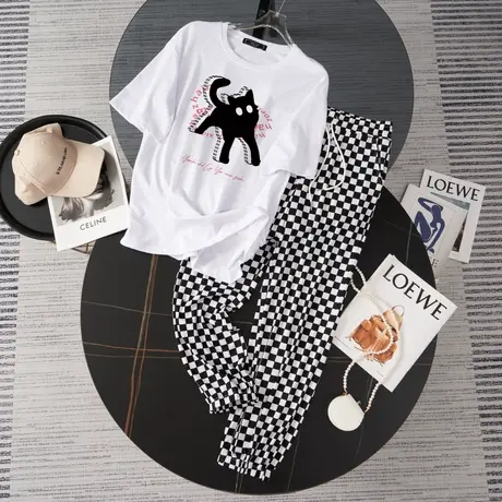 纯棉港风运动服套装女夏季薄款时尚洋气短袖长裤小个子休闲两件套商品大图