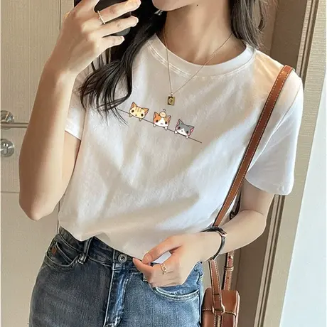 正肩基础款纯棉夏装2023年新款短袖t恤女白色打底衫宽松半袖上衣图片