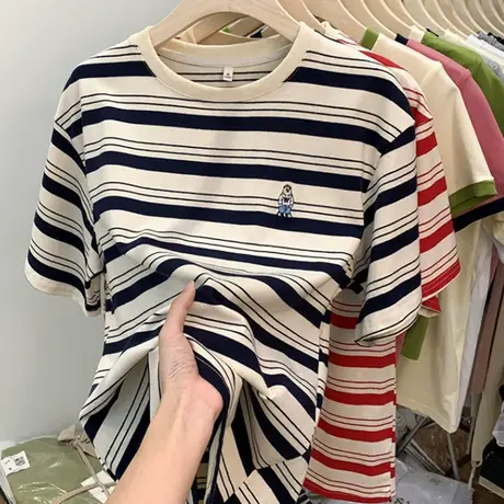 条纹t恤女短袖2023年夏季新款刺绣小熊宽松半袖休闲学生圆领上衣商品大图
