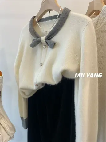 高甜温柔感 秋冬季 小蝴蝶结领浣熊长袖撞色套头毛衣百搭上衣女商品大图