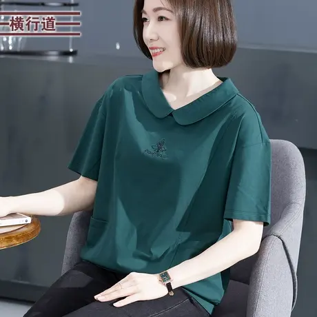 薄款宽松休闲娃娃领刺绣口袋短袖t恤女打底衫上衣大码妈妈夏半袖商品大图