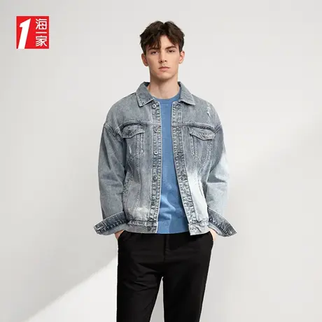 海一家时尚活力夹克2023秋季新款翻领宽松青年休闲男士牛仔外套商品大图