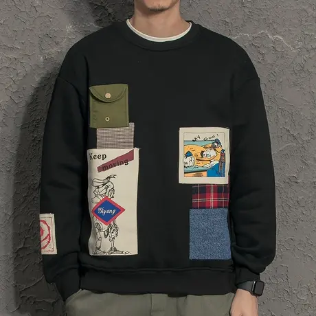 个性贴布港风潮牌男士圆领卫衣男春秋款2021年新款春装上衣韩版潮商品大图