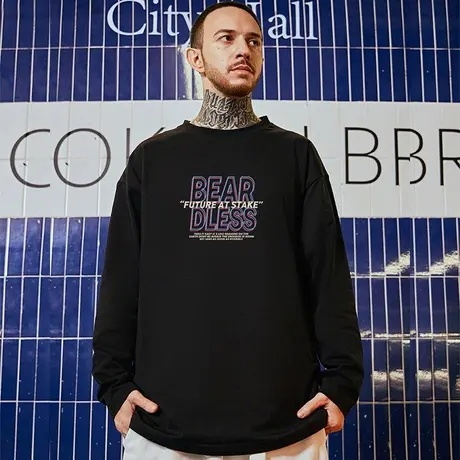 潮牌黑色内搭美式宽松潮流纯棉百搭情侣打底衫长袖T恤男大码男装图片