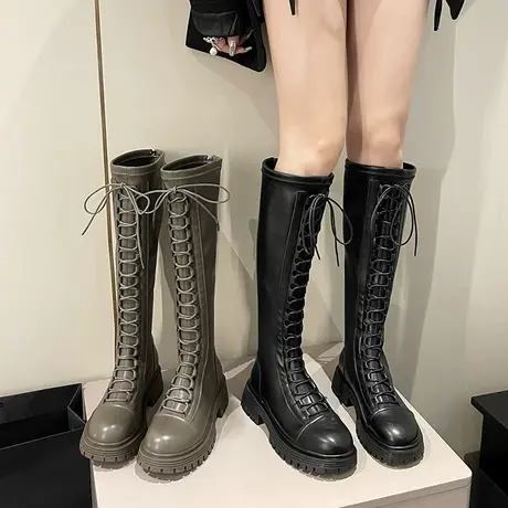 长筒靴女2023年春秋季新款网红超火机车瘦瘦靴粗跟高跟厚底骑士靴图片