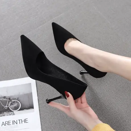 黑色高跟鞋女细跟2024春冬季新款百搭尖头浅口单鞋网红职业礼仪鞋图片