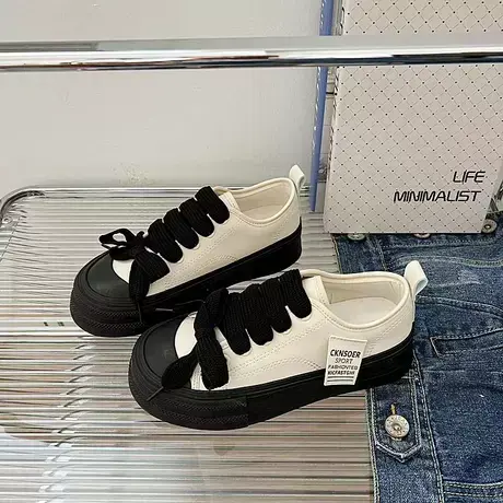 设计感厚底休闲帆布鞋女2023秋季新款时尚小白鞋百搭拼色运动板鞋图片