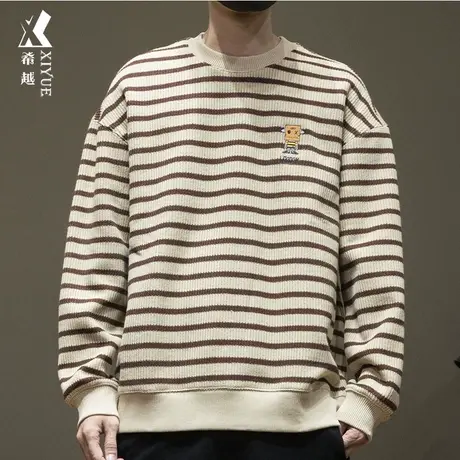 重磅450g针织条纹卫衣男冬季美式宽松大码男士刺绣针织衫加绒加厚图片