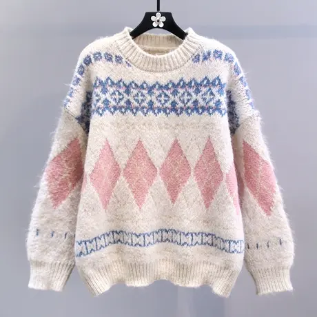 复古慵懒风撞色菱格毛衣女冬季2023新款宽松加厚设计感打底针织衫商品大图