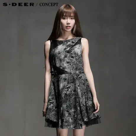 sdeer圣迪奥专柜正品女装夏装大理石纹印花PU袢扣连衣裙5281271图片
