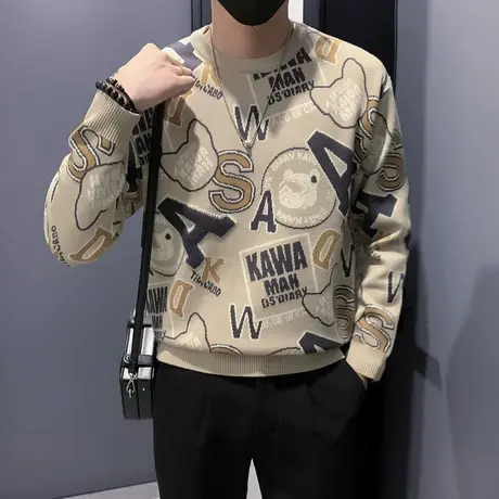 圆领毛衣男冬季2023韩版休闲满印字母提花保暖内搭花色针织打底衫商品大图