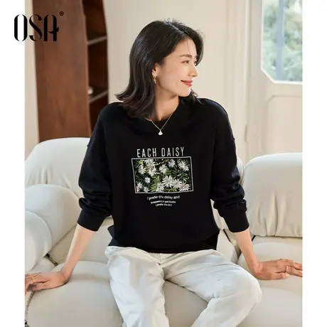 OSA欧莎黑色小雏菊印花卫衣女秋冬季2022年新款叠穿内搭打底上衣图片