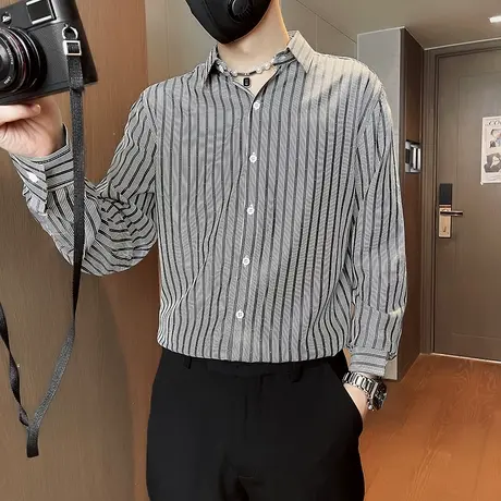 条纹高级设计感长袖衬衫2023秋季新款发型师INS衬衣时尚休闲上衣图片