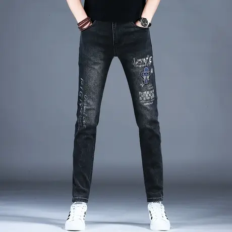男士新款牛仔裤子黑色百搭时尚烫钻刺绣小脚裤2023棉弹男潮牌休闲商品大图