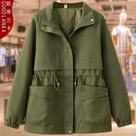 加肥加大码中年妈妈春秋夹棉风衣女新款宽松时尚收腰薄款棉衣外套商品大图