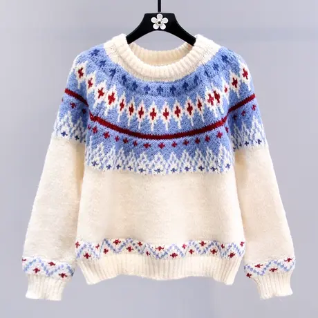 复古提花撞色毛衣女冬季2024年新款宽松慵懒风加厚新年针织打底衫图片