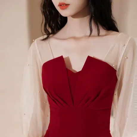 敬酒服新娘夏季酒红色平时可穿订婚连衣裙小礼服仙气纱袖薄款钉珠图片
